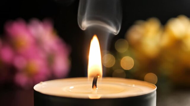 Seamless loop of ethereal white smoke gently wafting upward from an illuminated candle wick surrounded by blurred pink and yellow floral elements in a dark chamber gently, modern, concept