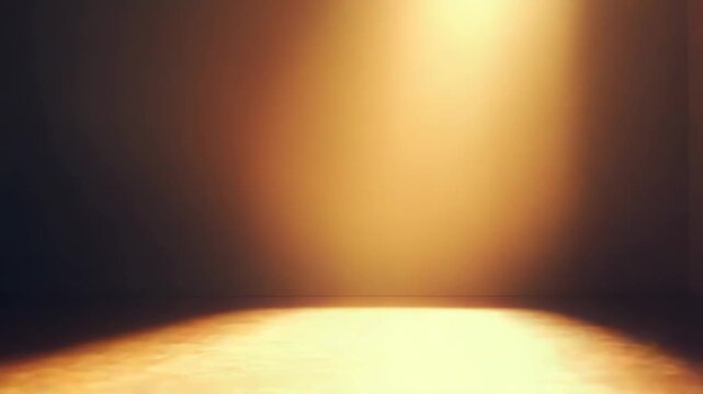 Empty stage or room featuring a powerful golden light beam illuminating the floor and corner, creating a dramatic atmosphere perfect for various performances or presentations