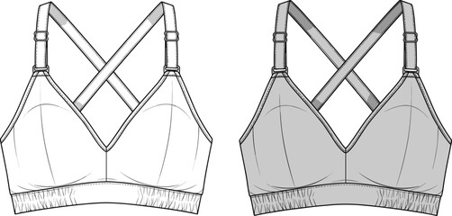 Womens sports bra technical sketch vector, adjustable crisscross straps bralette flat illustration, fashion design template, white and gray activewear intimate apparel CAD. © AdbMedia