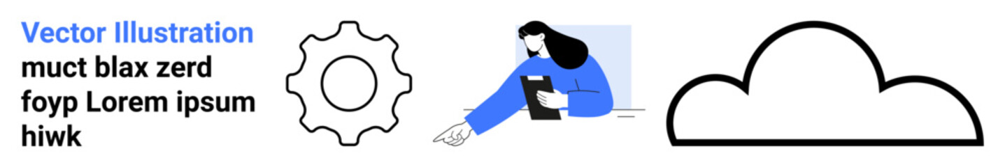 Fototapeta premium Cloud technology, digital collaboration, innovation, teamwork, IT development, data systems. Gear, person pointing with a clipboard and a cloud icon. Cloud technology and digital collaboration