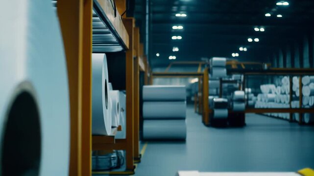 Paper rolls waiting for processing in a large manufacturing facility, visualizing the production process and the industry of paper goods in a modern warehouse environment