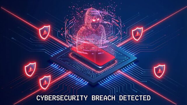 Hacker hologram above smartphone microchip with glowing circuit lines and shield warning, hacker silhouette above compromised smartphone circuit board with red alert shields and neon data streams