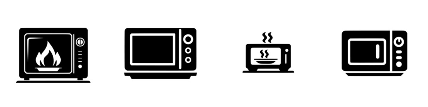 A symbolic representation of warmth and comfort, this black and white icon showcases a microwave with a flickering flame on its screen, evoking the coziness of home cooking.