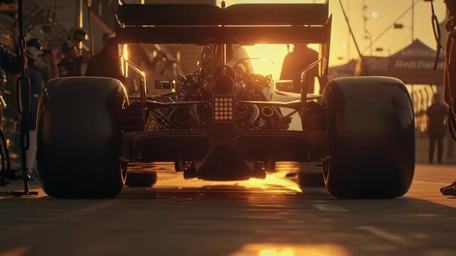 Formula 1 Rear view of a race car on the track during sunset with dramatic lighting.
