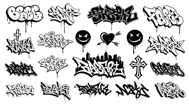 A collection of black and white graffiti tags and symbols