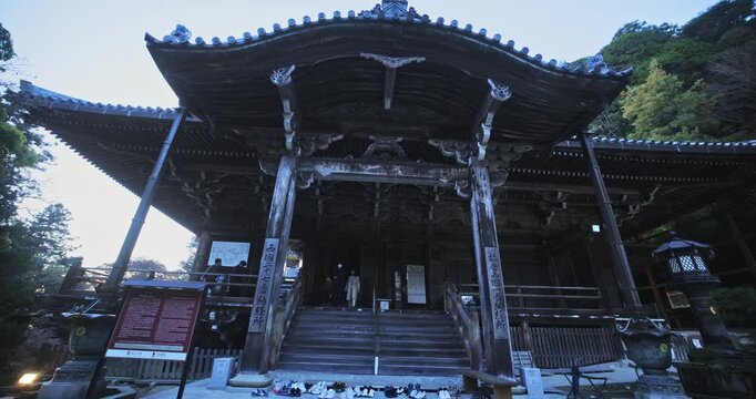 Wide, low, silhouetted shot of tall and ancient Japanese structure - locked off