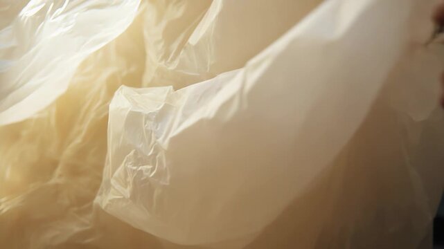 Crumpled transparent plastic sheet with warm golden highlights, abstract wrinkled texture and reflective folds suggesting waste, recycling, environmental impact and modern design