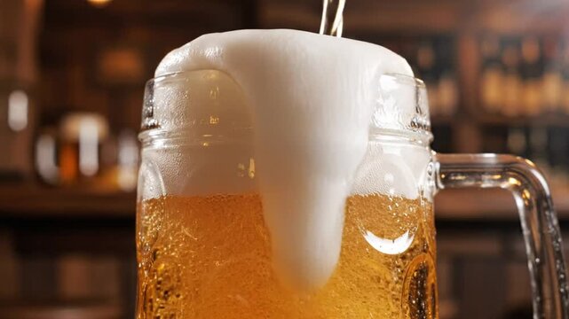 Close up of beer being poured into a large glass mug in a bar setting, creating a foamy head