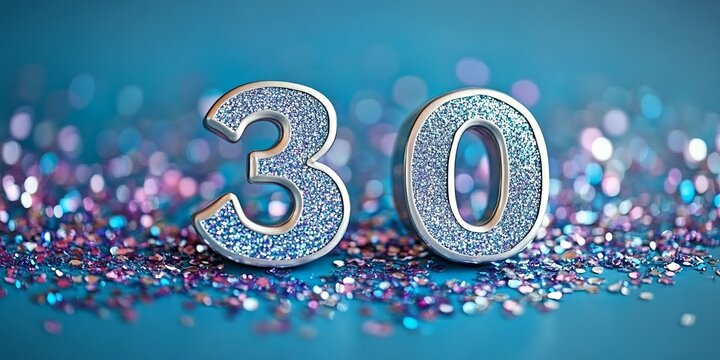 A festive thirtieth birthday celebration with elegant blue and purple decorations highlighting 30