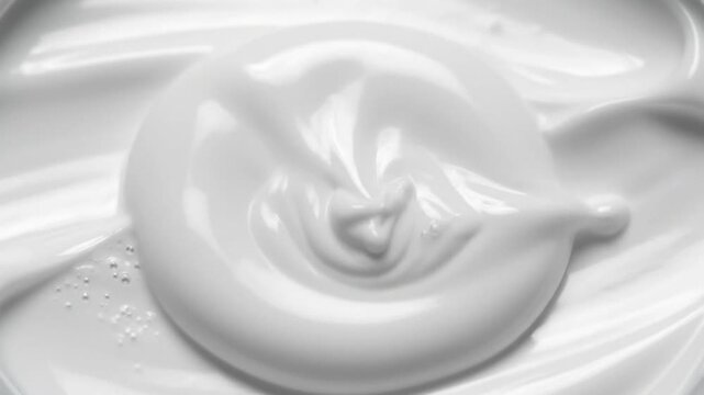 Creamy white liquid pouring to create a swirl of smooth cosmetic texture on glossy surface