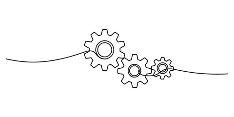 Continuous line drawing of three interlocking gear wheels representing teamwork and process. Vector, illustration