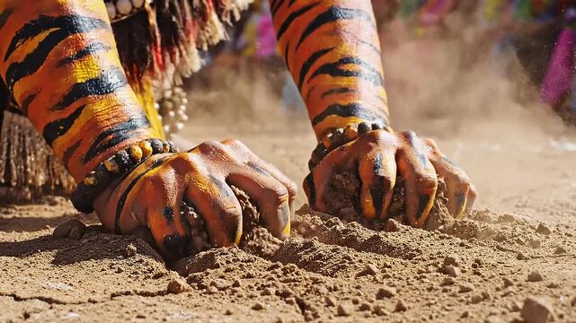 Puli Kali Tiger Dance Performer Hands and Claws on Dry Ground
