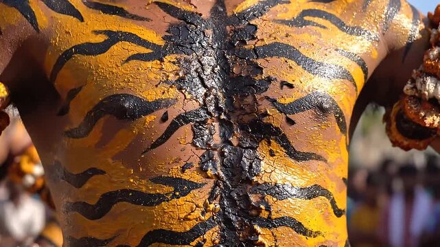 Puli Kali Dancer Body Paint Close-up Vibrant Indian Festival Art