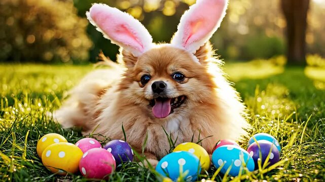 Happy Pomeranian Dog in Bunny Ears with Vibrant Easter Eggs on Sunny Green Grass