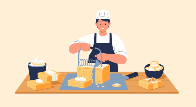 Baker Slicing Large Block of Butter with Wire Cutter