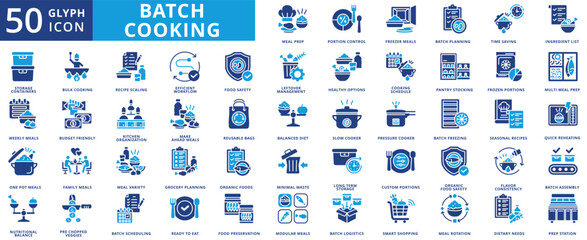 batch cooking icon pack flat contains quick reheating, make ahead meal, reusable bags, ingredient list, minimal waste, multi-meal prep, budget-friendly, healthy option, prep station, ready to eat