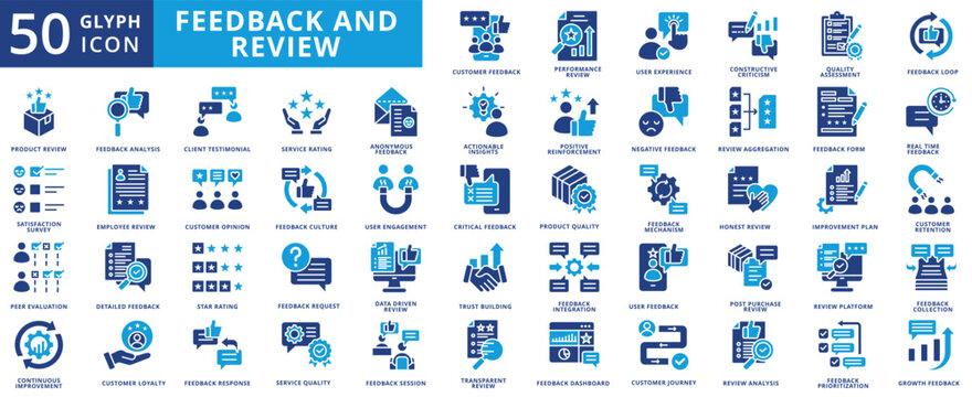 feedback and review icon pack flat contains constructive criticism, trust building, peer evaluation, post purchase, actionable insights, positive reinforcement, client testimonial
