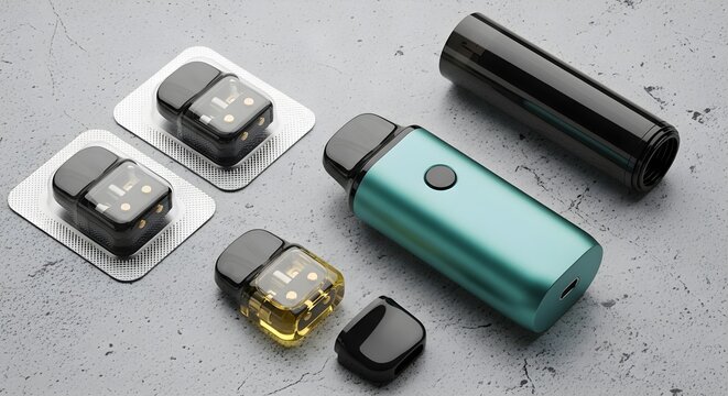 Assortment of teal electronic vape mod battery components and replacement nicotine salt pods displayed on a textured grey surface