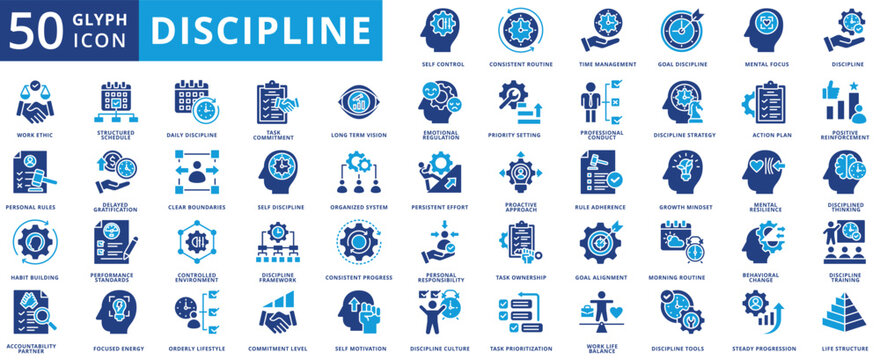 discipline icon pack flat contains emotional regulation, professional conduct, positive reinforcement, delay gratification, clear boundaries, proactive approach, accountability partner, environment