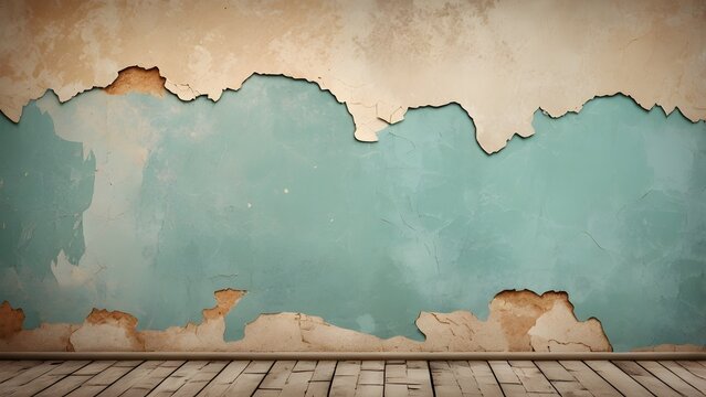 Empty room interior featuring a striking teal wall with peeling beige plaster layers revealing rough texture and weathered wooden floorboards below.