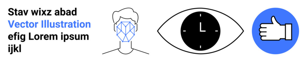 Obraz premium Facial recognition, time tracking, social approval, digital identity, monitoring, system automation. Human face with geometric lines, clock in an eye thumbs-up icon. Facial recognition and time