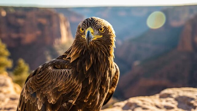 Majestic golden eagle in natural habitat perched on a rock ledge with beautiful mountain backdrop and sound of bird call