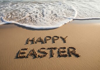 Fototapeta premium Happy easter message written in sand on beach with wave