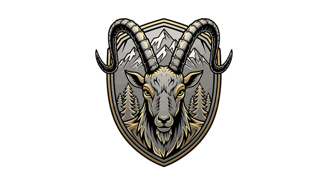 Majestic Ibex Goat Head Emblem with Snowy Mountains and Pine Forest