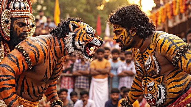 Puli Kali Traditional Dance Performance Men Painted as Tigers