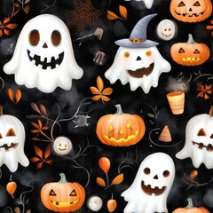 Fototapeta premium Seamless halloween pattern with ghosts and pumpkins on dark background
