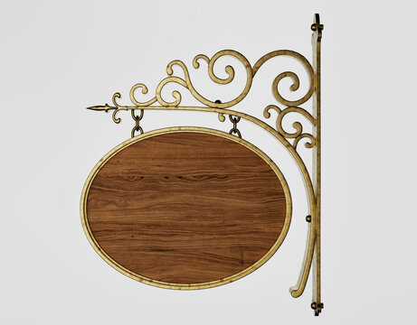 Blank vintage wooden hanging sign with ornate metal bracket