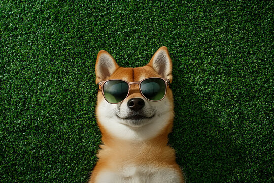 portrait of a Shiba Inu dog wearing summer sunglasses