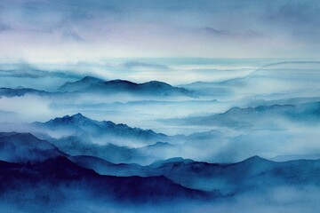 Fototapeta premium Serene watercolor landscape depicting distant, ethereal mountain ranges enveloped in atmospheric mist