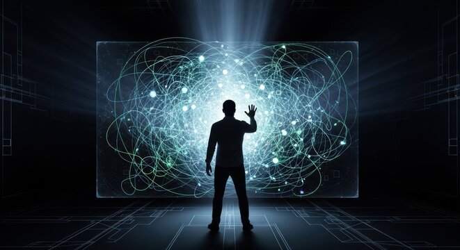 futuristic man interacting with glowing digital network, representing modern technology and advanced communication concepts in a sleek, high-tech environment scenario fully