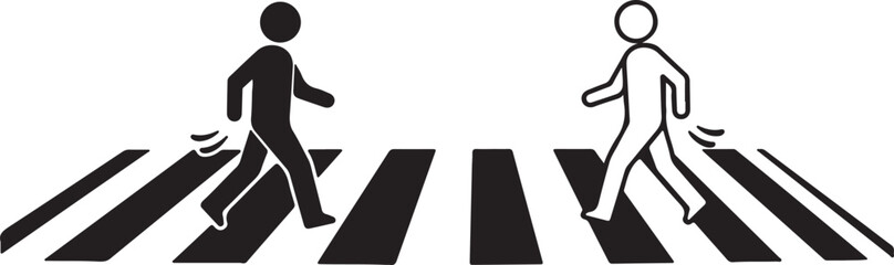 Two pedestrian figures, one solid black and one outline, walking in opposite directions on a black and white striped crosswalk. Isolated vector illustration on a transparent background.