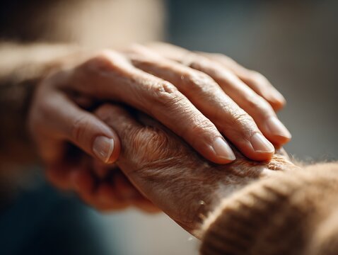 Younger adult hand placed gently over elderly person&rsquo;s wrinkled hand. Indoor scene suitable for themes of dementia care, senior support, or family caregiving