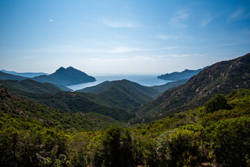 Obraz premium Mountain valley opening to sea in Corsica