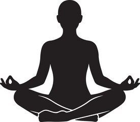 Yoga meditation pose silhouette vector illustration. A single person is depicted sitting in the lotus position, isolated on a transparent background.