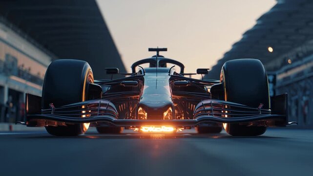 Close-up view of a modern Formula 1 race car with flames coming from the exhaust in a pit lane.