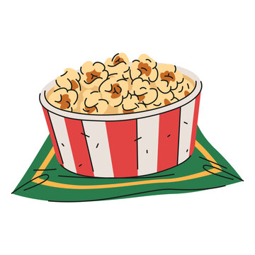 American popcorn or cinema, movie food pack. Vector bucket or box, bag of salty or sweet snack for theater or party. Airy nutrient portion or popped corn portion. Meal or dish for entertainment.