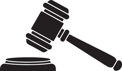 Black silhouette of a judge's gavel and sound block, representing law, justice, and auctions. This vector illustration is isolated on a transparent background