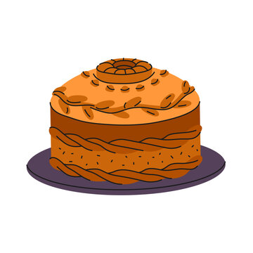Ukrainian wedding cake or korovai bread. Vector baked loaf for ceremony or celebration. Round braided festive food with ornate decorations. Pastry or bakery dessert. Meal for family holiday. Rituals.