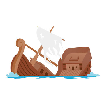 A damaged ship in the water with a broken hull and tattered sails. Illustration of a wreck or accident at sea. Maritime disaster.