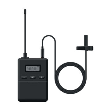 An illustration of a wireless microphone system that includes a lavalier microphone attached to a transmitter, widely used for audio recording during interviews, presentations, and events.