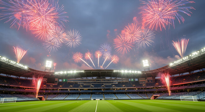 Spectacular fireworks light up the night sky above a massive soccer stadium filled with cheering fans and bright stadium lights, celebrating a grand event.
