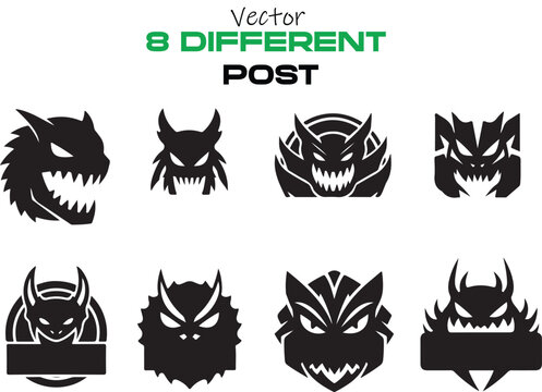 Collection of 8 unique monster face stencils for art and design
