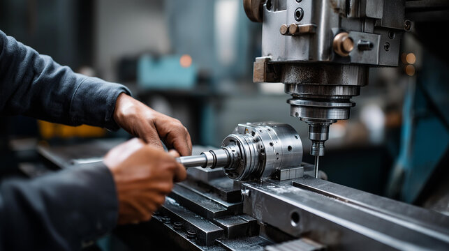 Faceless worker operating lathe machine shaping metal part with precision, lathe machining, metalworking process, industrial manufacturing, precision engineering, with copy space