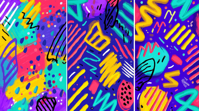 Vibrant playful 90s and 00s seamless patterns, colorful abstract scribbles and shapes, creative vivid background collection, fun childlike vector textures for kids design, with