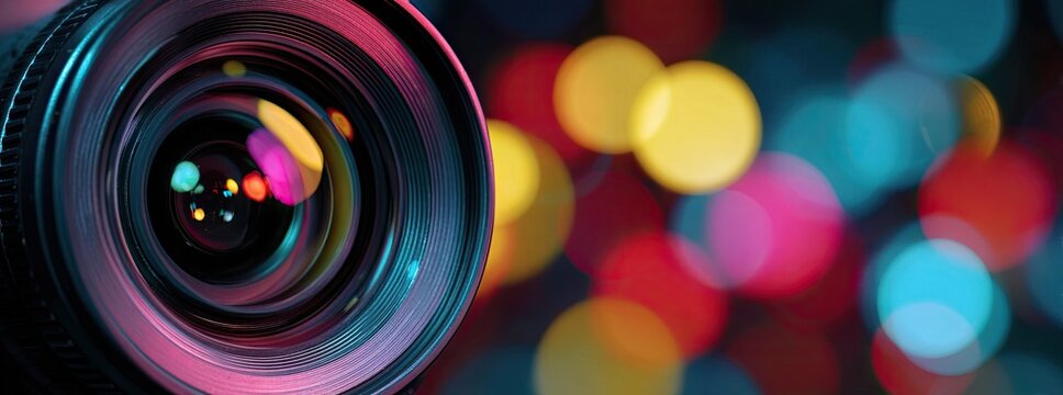Close-up camera lens with colorful bokeh