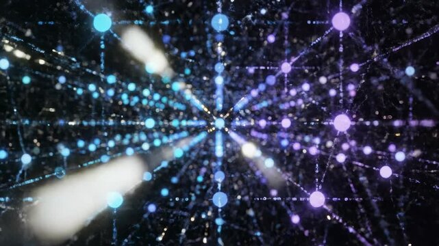 Seamlessly looping abstract motion graphics background showing digital information flowing through interconnected nodes representing data and online learning achievement, success, visualization